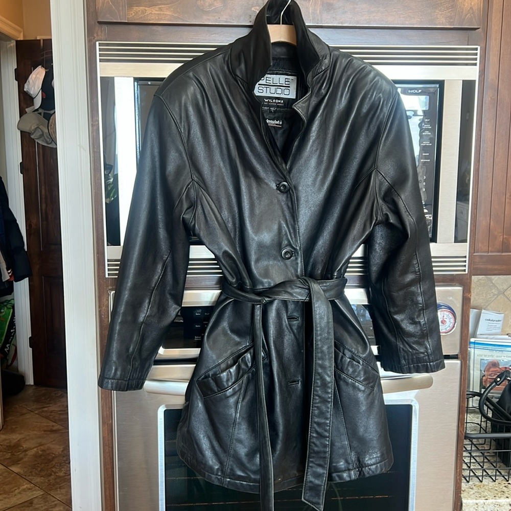 WILSON+PELLE STUDIOS BLACK BELTED LEATHER TRENCH COAT JACKET THINSULATE SIZE LG
